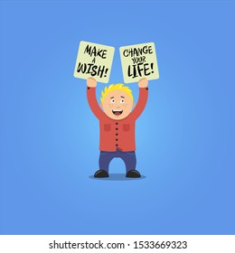 color vector flat art illustration of a cheerful protester cartoon character with motivational posters