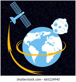 color vector flat design space illustration with earth, asteroid and sonde isolated on black background