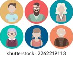 Color vector flat icon set and illustration different people of family. Icons in a circle