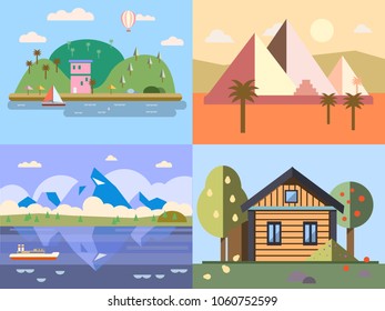 Color vector flat icon set and illustrations urban and village landscapes nature, mountains, lake, boating, vacation, sun, trees, house, mills, field, city factory pollution cars skyscrapers EPS
