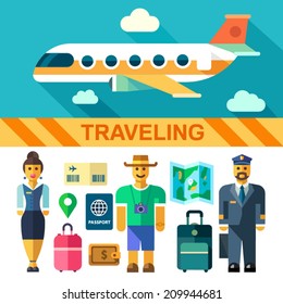 Color vector flat icon set and illustrations travel by plane: flying plane, pilot, flight attendant, tourist, luggage, bags, passport, boarding pass, map, wallet, money.