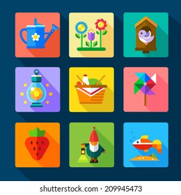 Color vector flat icon set and illustrations summer time in a garden: watering can, flower beds, birdhouse, bird, lantern, lamp, picnic basket, wind, strawberries, gnome, fish in a pond.