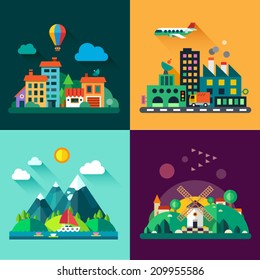 Color vector flat icon set and illustrations urban and village landscapes: nature, mountains, lake, boating, vacation, sun, trees, house, mills, field, city, factory, pollution, cars, skyscrapers