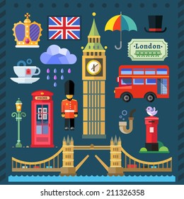 Color vector flat icon set and illustrations Great Britain Kingdom, London Capital: Big Ben, Tower Bridge, Thames, Queen, flag, English tea, red bus, telephone box, post box, rain, umbrella.