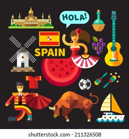 Color vector flat icon set,  illustrations Spain: architecture, Palace, flag,  flamenco, bullfights, bull, corrida, toros, toreodor, guitar, grapes, mill, football, saling