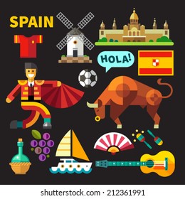 Color vector flat icon set and illustrations Spain: architecture, Palace, flag,  flamenco, bullfights, bull, corrida, toros, toreodor, guitar, grapes, mill, football, boat, saling