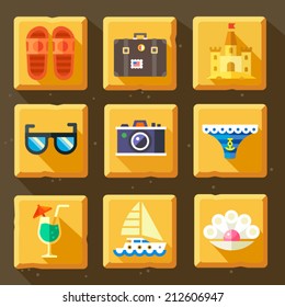 Color vector flat icon set and illustrations summer holidays: sea, sun, beach, shoes, photo camera, sunglasses, suitcase, sand castle, shell, pearl, yacht, sail, boat, cocktail, swimsuit.