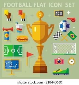 Color vector flat icon set and illustrations football match: cup, team, judge, coach, fans, whistle, gate, ball, flags, yellow and red cards, field, stopwatch, strategy.