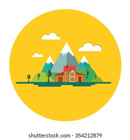 Color vector flat icon set and illustrations urban and village landscapes: nature, mountains, lake, vacation, sun, trees, house, mills, field, city, pollution