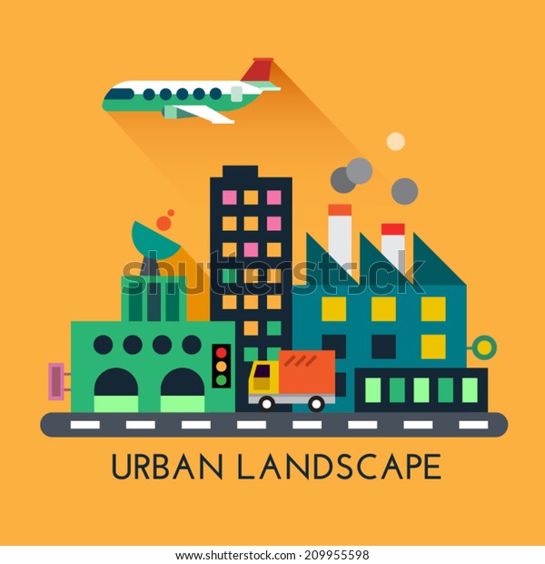 Color vector flat icon set and illustration\
modern urban landscape: city, factory, manufacturing, plant,\
machinery, cars, road, vehicles, noise, pollution, pipes,\
skyscrapers, electricity,\
aviation.