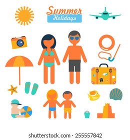 color vector flat icons set of family summer holidays infographic