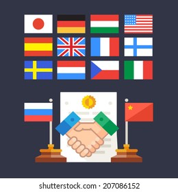 Color vector flat illustration handshake: State cooperation agreement