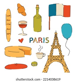 Color vector flat illustration of Paris. Vector set of icons about France. French symbols isolated on white background. Hand-drawn pictures about Paris.