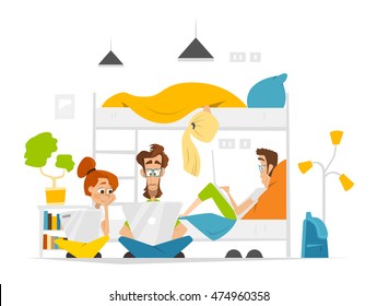 Color vector flat illustration of students hostel or dormitory with young people team working on laptops