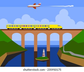 Color vector flat illustration urban and village landscapes: nature, mountains, lake, bridge, train, plane, lighthouse