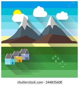 Color vector flat  illustrations autumn landscape. Mountain, river, forest, boat, house