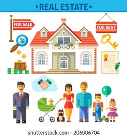 Color  vector flat illustrations and icon set real estate: buy, sell, rent,  luxury house, key, money, savings, interest, mortgage, loan, contract, happy family, realtor, agent, transaction