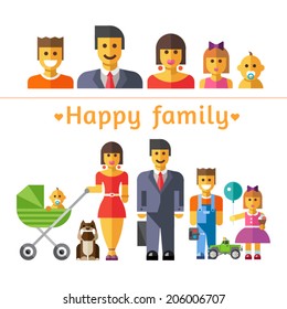 Color vector flat illustrations and icon set happy family: parents and children