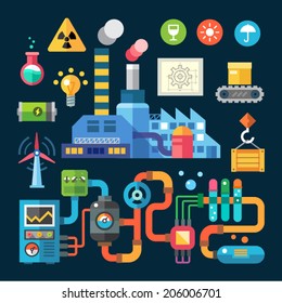 Color  vector flat illustrations and icons  factory and protection ofenvironment: plant, smoke, pollution, radiation, chemistry, electricity, cargo, goods, boxes, tap, ellivator, pipes, levers, system