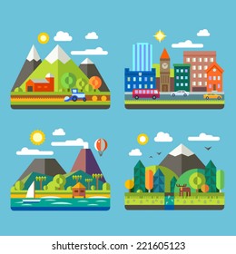 Color vector flat  illustrations urban and village landscapes: nature, mountains, lake, hay, deer, ship, vacation, sun, trees, house, mills, field, city, cars, skyscrapers