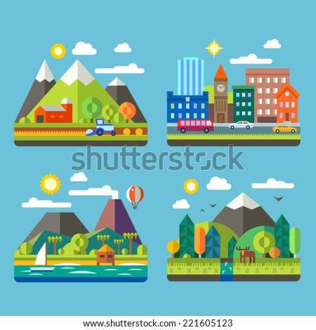 Color vector flat  illustrations urban and village landscapes: nature, mountains, lake, hay, deer, ship, vacation, sun, trees, house, mills, field, city, cars, skyscrapers