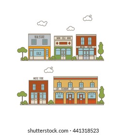 Color Vector Flat Line Illustration Of Small City Street With Stores, Shops And Offices