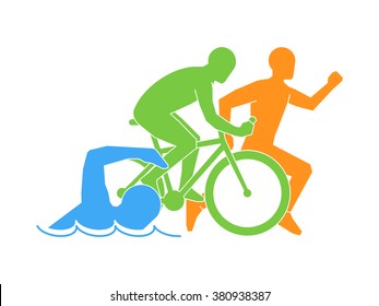 Color vector flat logo triathlon. Triathletes figures on white background. Swimming, cycling and running symbol.
