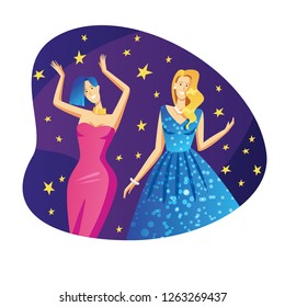 Color vector flat style illustration. Beautiful girls in evening dresses are dancing at a party. The girls at the event have fun. girls celebrate the holiday. New Year's corporate party. 