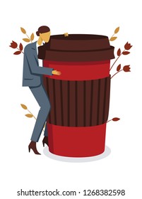 Color vector flat style illustration. Girl with a cup of takeaway coffee. Office worker with a paper cup of coffee. Girl in a business suit hugs a huge cup of coffee
