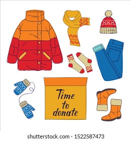 Color Vector flat style Illustration of Female warm Clothes and Carton Boxes Full of stuff. Winter clothes for donation. Concept Design of Donate Clothes with text.