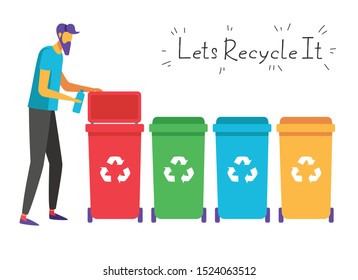 Color vector flat style illustration about waste recycling. A man separates waste into a trash can of a certain color. Landing page concept, template, user interface, web.