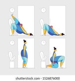 Color vector flat style illustration of a girl exercising. The girl working out in the gym. Active girl trying to lose weight. Landing page concept, template, user interface, fitness website.