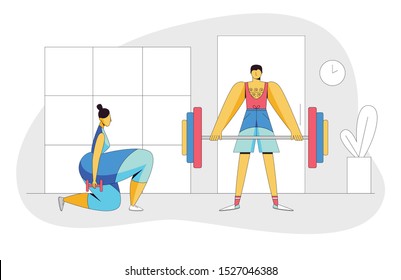 Color vector flat style illustration of people exercising together. The  couple working out in the gym. Active people trying to lose weight. Landing page concept, template for fitness website.