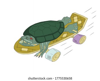 Circulación de tortuga de color vectorial divertido de orejas rojas sobre una patineta amarilla con velocidad para una habitación de niños con humor