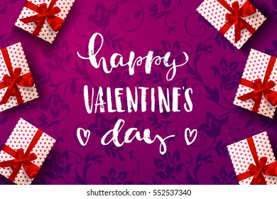 Color vector gift box, bows and ribbons . Hand drawn calligraphy lettering Happy Valentine's Day   