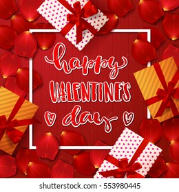 Color vector gift box, bows and ribbons . Hand drawn calligraphy lettering Happy Valentine's Day  