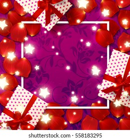 Color vector gift box, bows and ribbons and Glowing star Lights 