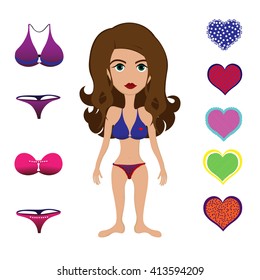Color vector graphic illustration set with one beautiful woman in summer swimming suit lingerie pants and bra with hearts on white background