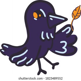 gráficos vectoriales de color de un cuervo azul de dibujos animados que contiene una hoja de otoño