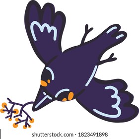 gráficos vectoriales de color de un cuervo azul de dibujos animados que sostiene una rama de rowan en su pico