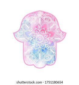 Color vector hamsa hand drawn symbol. Watercolor pattern in oriental style. Hand of Fatima - amulet, symbol of protection from devil eye