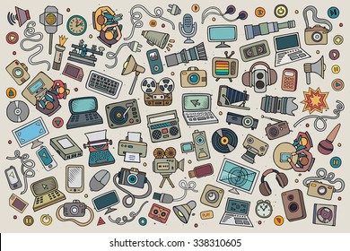 Color vector hand drawn Doodle cartoon set of equipment and devices objects and symbols