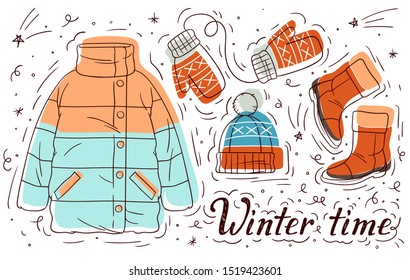 Color vector hand drawn illustration of winter clothes for girls. Set of doodle style elements. Women's casual warm clothes. Poster with the inscription winer time and elements winter female wardrobe