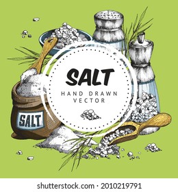 Color vector hand drawn illustration of round label with text salt and salt objects on green background. Background with salt shaker, bag of salt, wooden spoon and bowl.