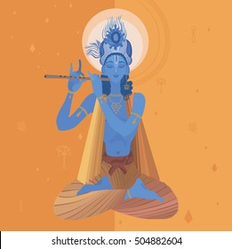 Ilustración hindú - Krishna juega un color vectorial, ilustración de mano dibujada por el dios hindú