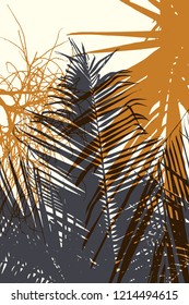 Color vector high contrast background. Composition of overlapping palm tree leaves silhouette.