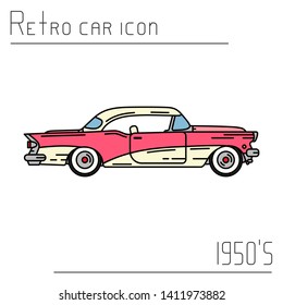 Color vector icon american auto oldtimer. Classic 1950s style. Nostalgia antique automobile. Summer travel vacation. Vintage cartoon sport car. Highway. Garage. Collection car. Illustration for design