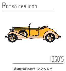 Color vector icon american auto oldtimer. Classic 1930 style. Nostalgia antique automobile. Summer travel vacation. Vintage cartoon sport car. Highway. Garage. Collection car. Illustration for design.