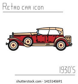 Color vector icon american auto oldtimer. Classic 1930 style. Nostalgia antique automobile. Summer travel vacation. Vintage cartoon sport car. Highway. Garage. Collection car. Illustration for design.