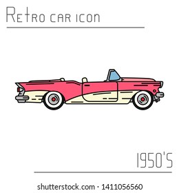 Color vector icon american cabriolet auto oldtimer. Classic 1950s style. Nostalgia antique automobile. Summer travel vacation. Vintage sport car. Highway. Garage. Collection. Illustration for design.